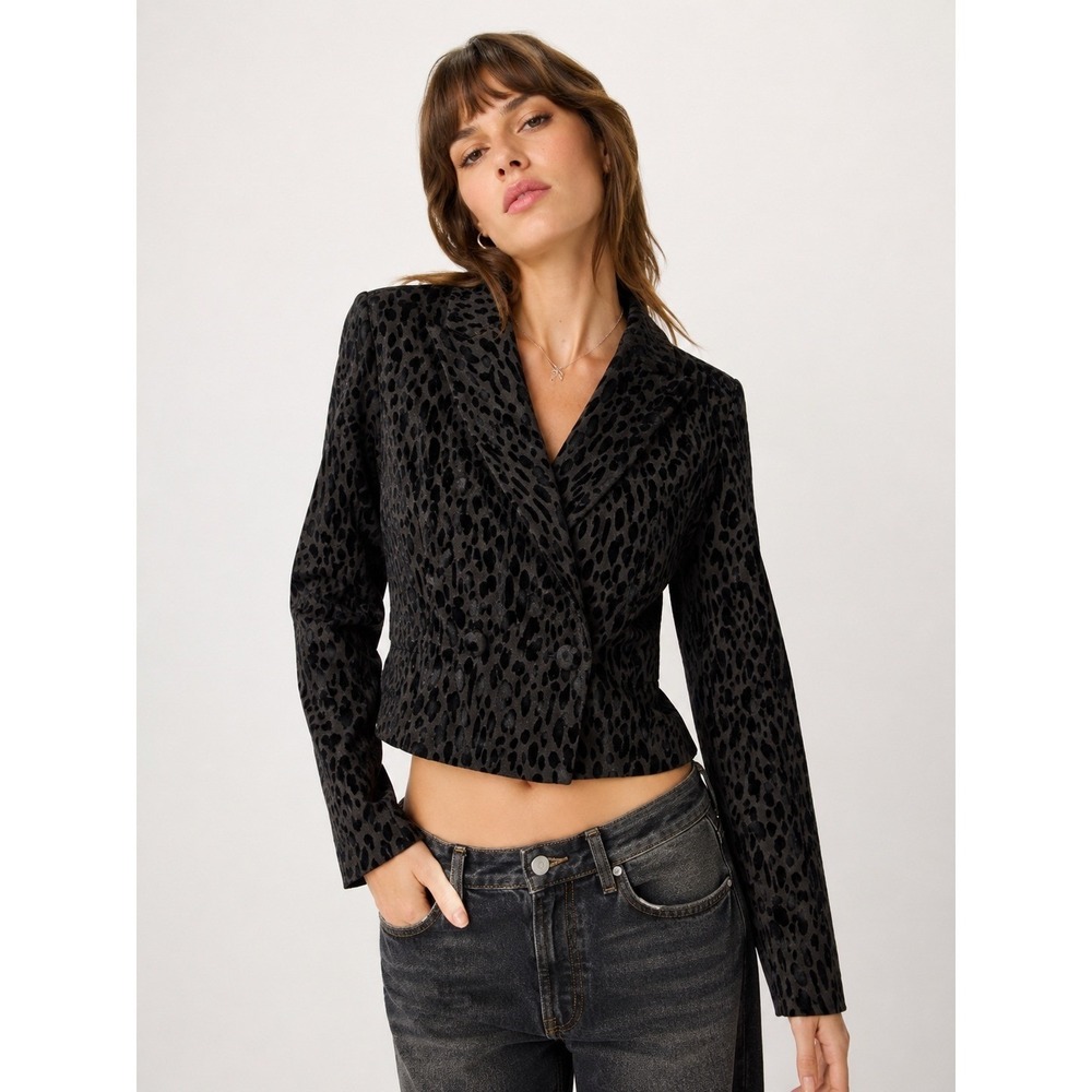 Rachel Roy Womens Leopard Print Flocked Cropped Blazer S Black‎ Goth Indie Y2K